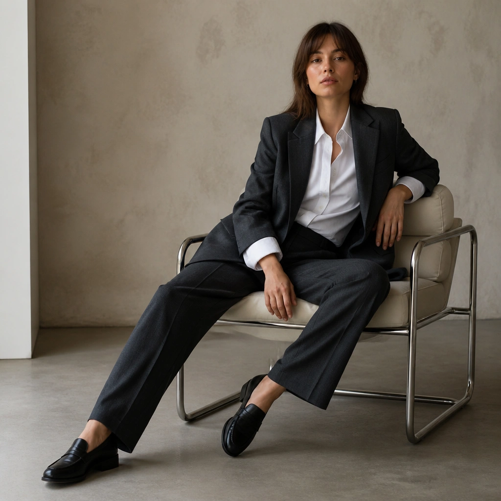 Charcoal tailored trousers and a matching charcoal blazer worn with a crisp white poplin shirt, plus black leather loafers.