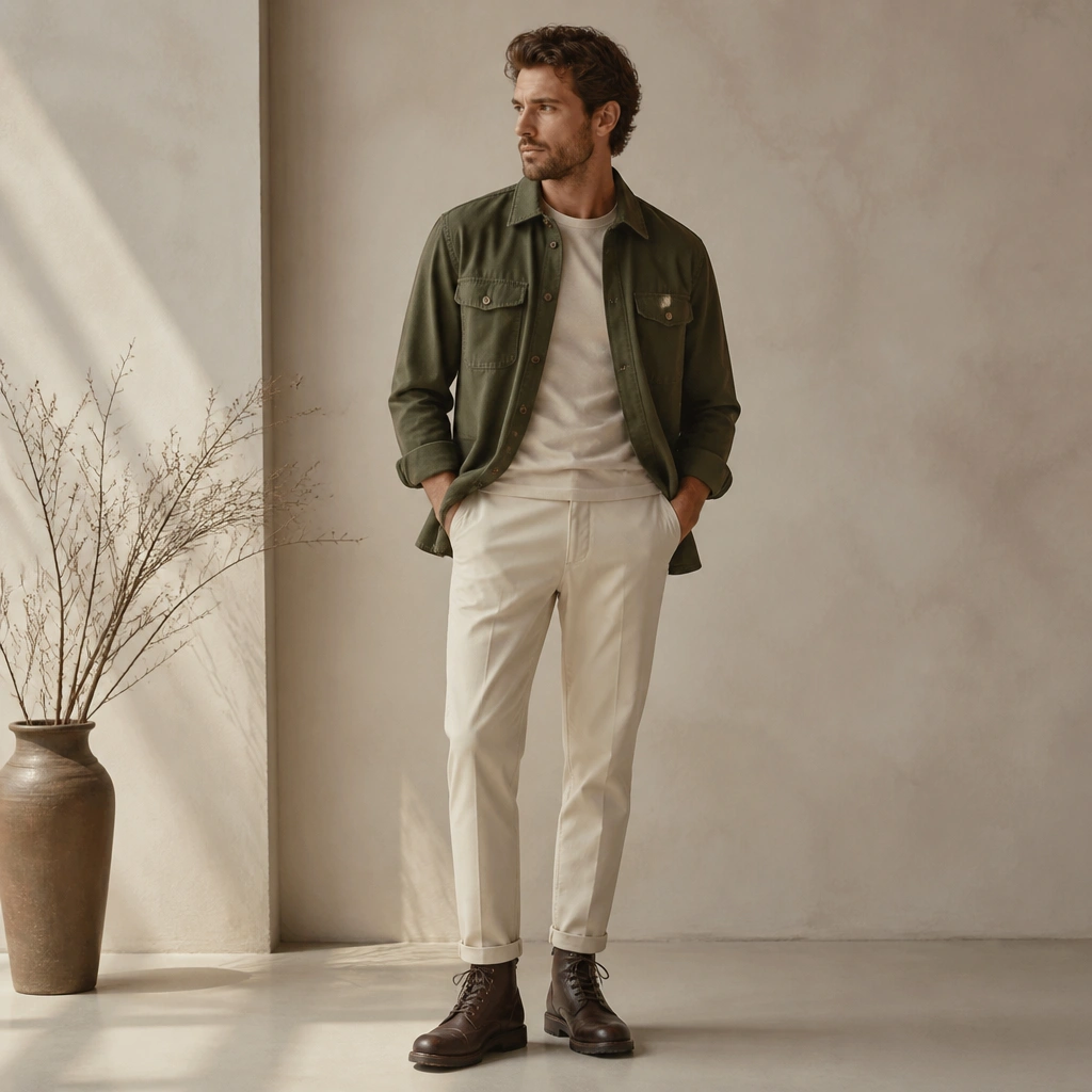 An olive utility-style overshirt over a neutral tee, layered with cream tapered trousers and dark brown lace-up boots.