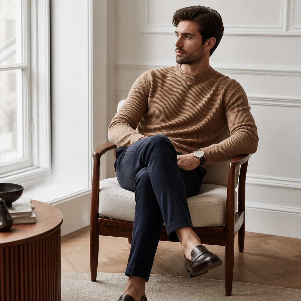 A camel knit sweater worn with navy trousers and sleek black-brown loafers, styled with a simple watch.