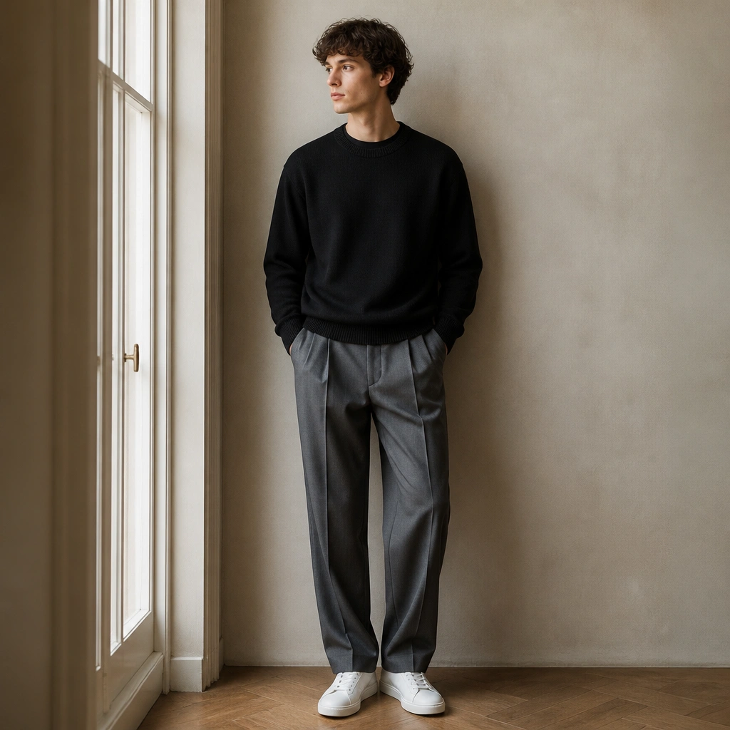 A black crewneck knit over a black tee, paired with gray pleated trousers and clean white low-top sneakers.