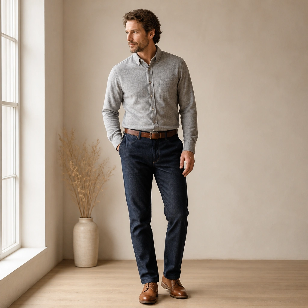 A light gray flannel button-down shirt tucked into dark denim-look chinos with a brown belt and tan leather shoes.