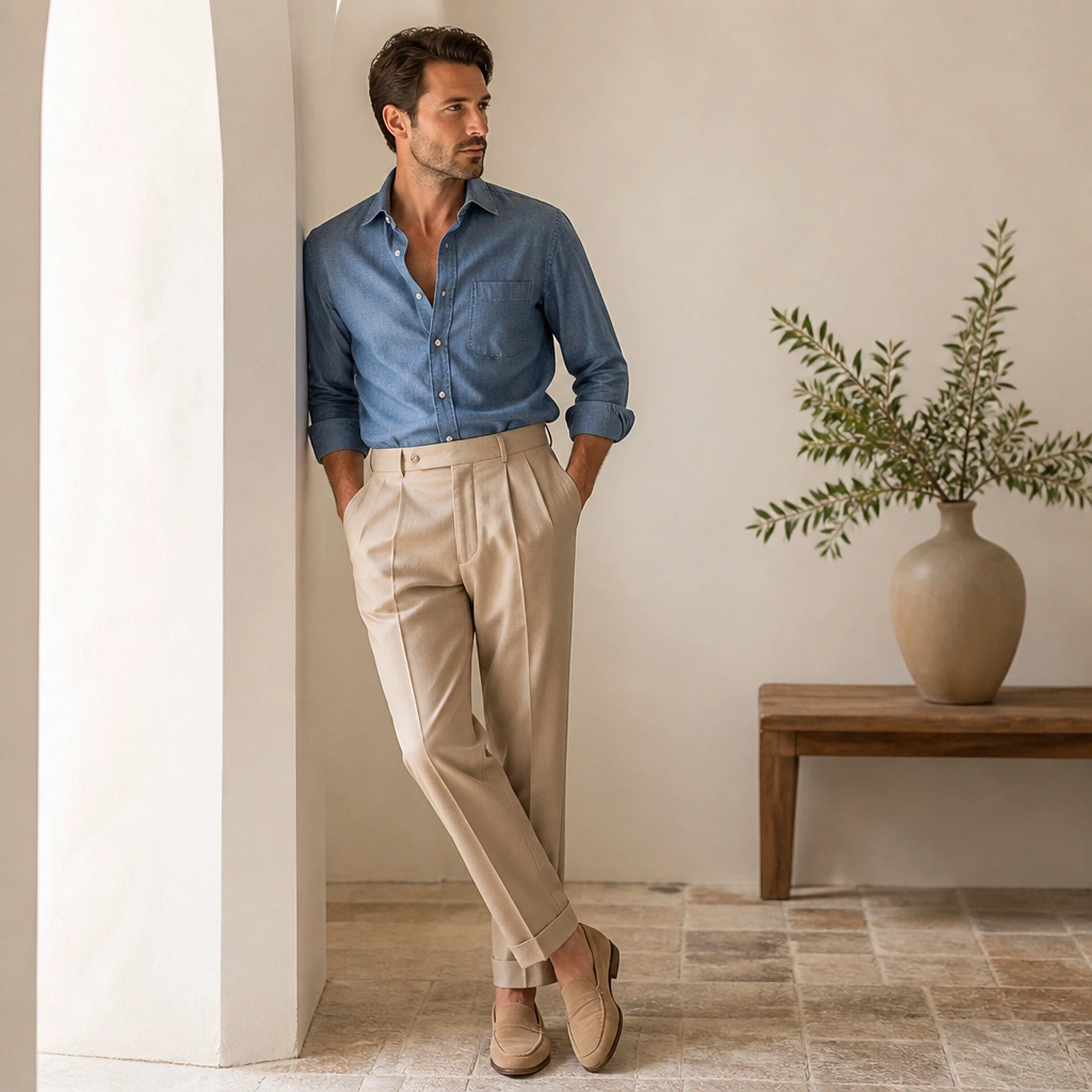 A chambray blue shirt worn casually with the sleeves rolled, tucked into beige pleated trousers and tan loafers.