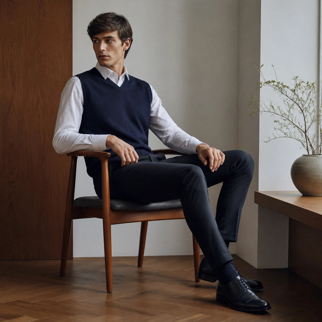 A white dress shirt layered under a navy sweater vest, paired with slim dark trousers and polished leather shoes.