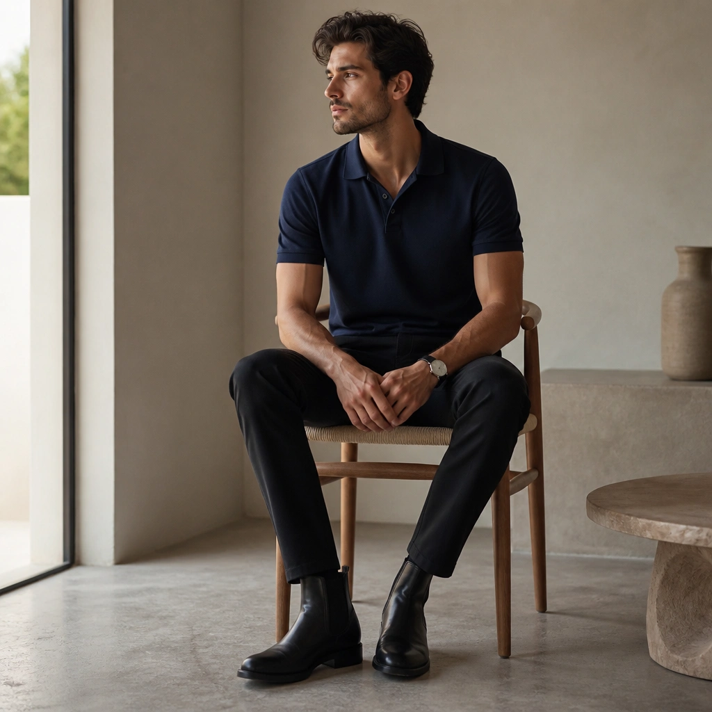 A navy polo shirt paired with black chinos, a minimal watch, and black Chelsea boots.