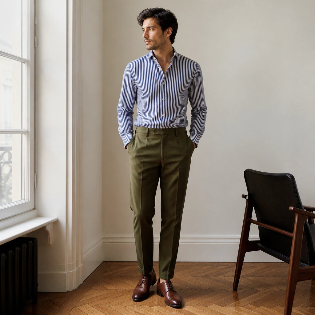 A navy-and-white striped button-down shirt tucked into olive trousers with brown lace-up oxford shoes.
