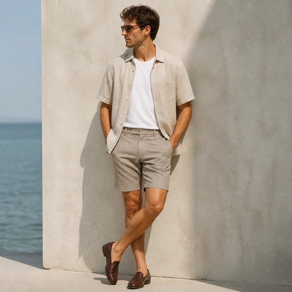 A light linen short-sleeve shirt worn open over a tee, paired with tailored shorts to mid-thigh and loafers.