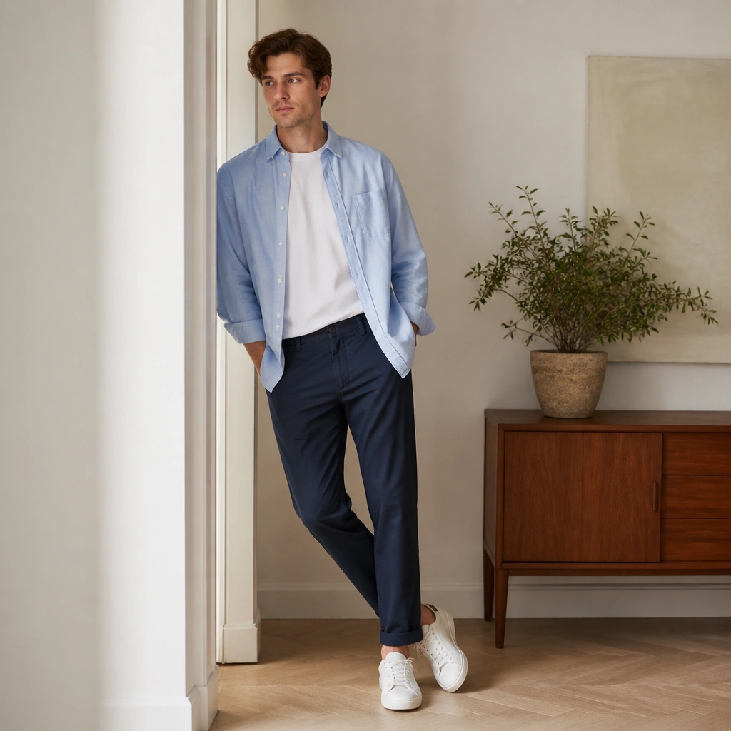 A white crew tee under a light blue overshirt, tucked into navy chinos with clean white sneakers.
