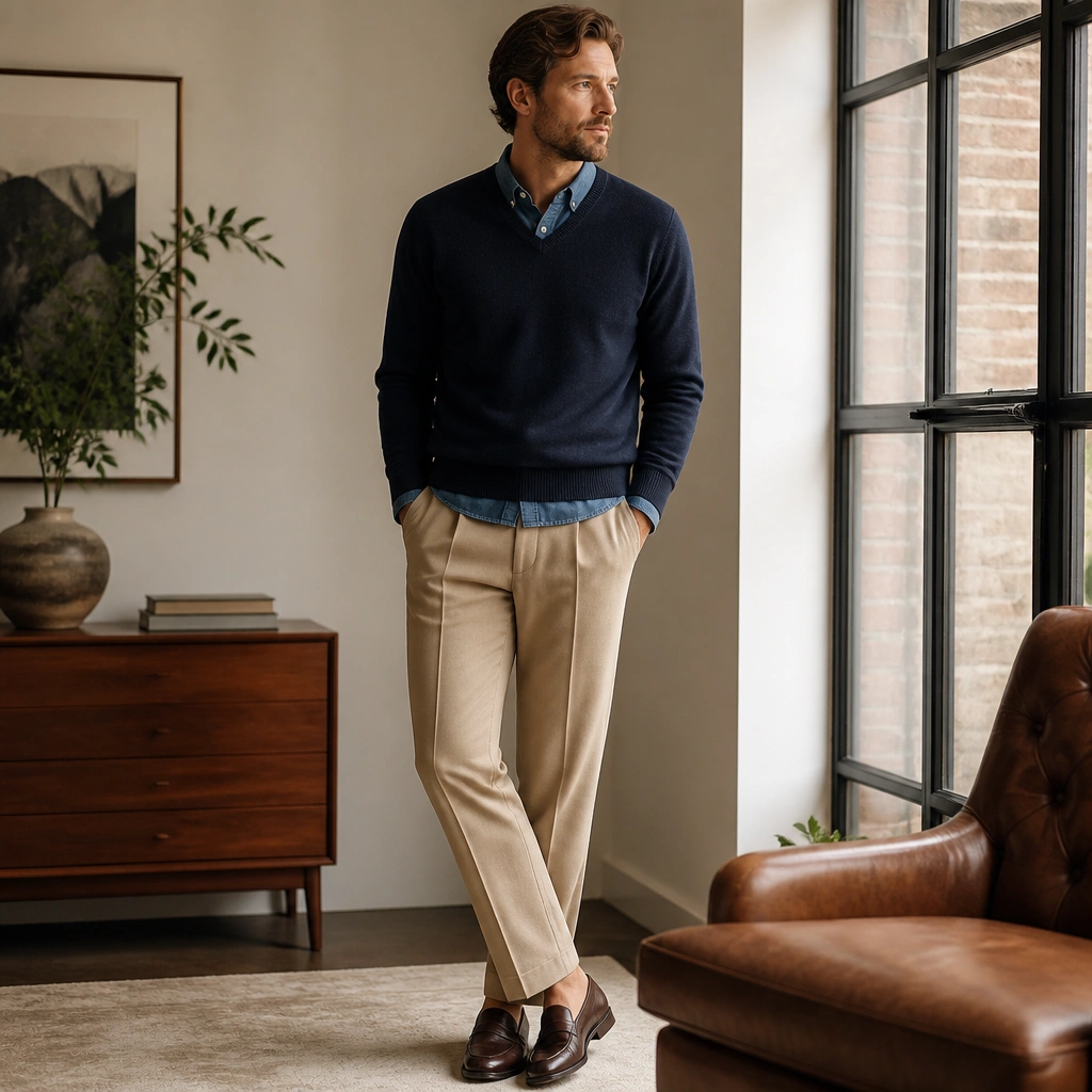 A navy V-neck sweater layered over a chambray button-down. Tan pleated trousers and brown leather loafers are shown, with a tie left out for a relaxed business casual look.