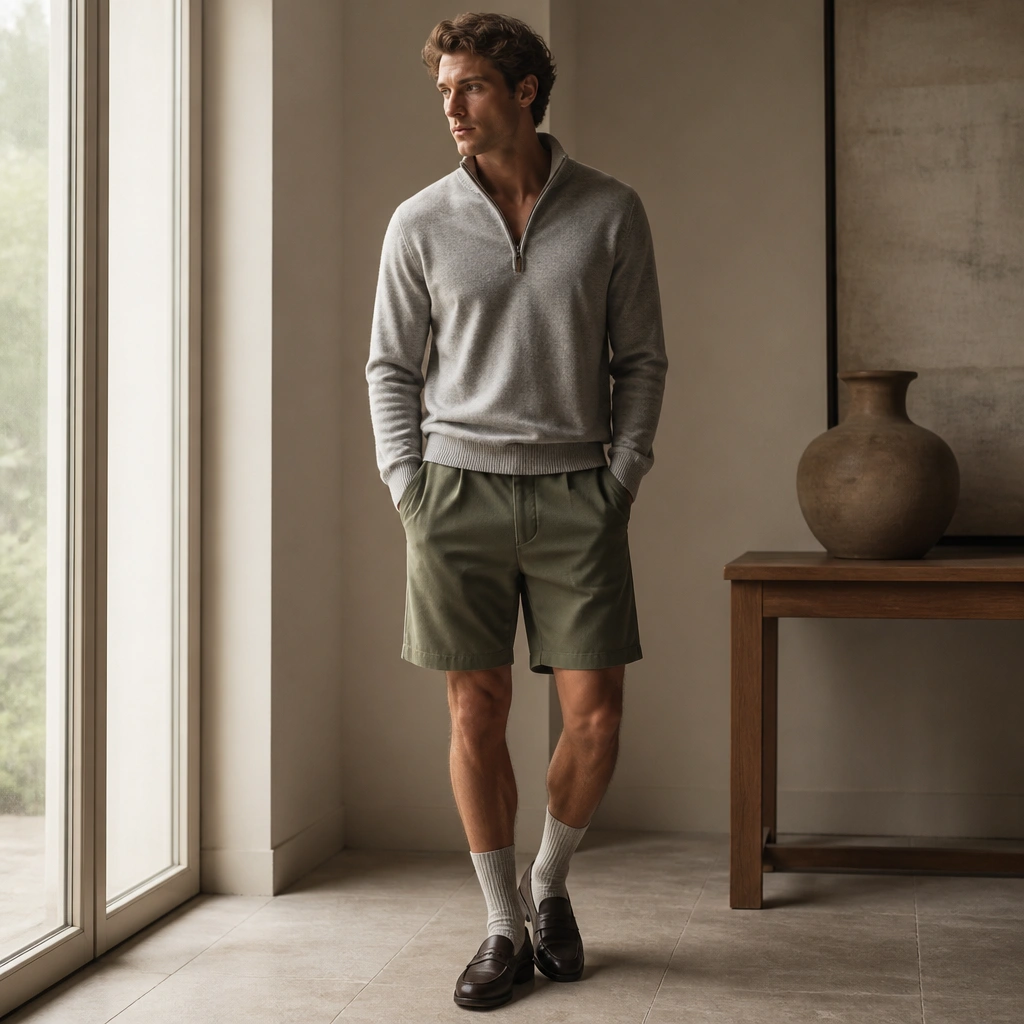 A heather gray quarter-zip sweater worn with olive shorts. The model pairs long socks and dark loafers, with the quarter-zip partially unzipped.