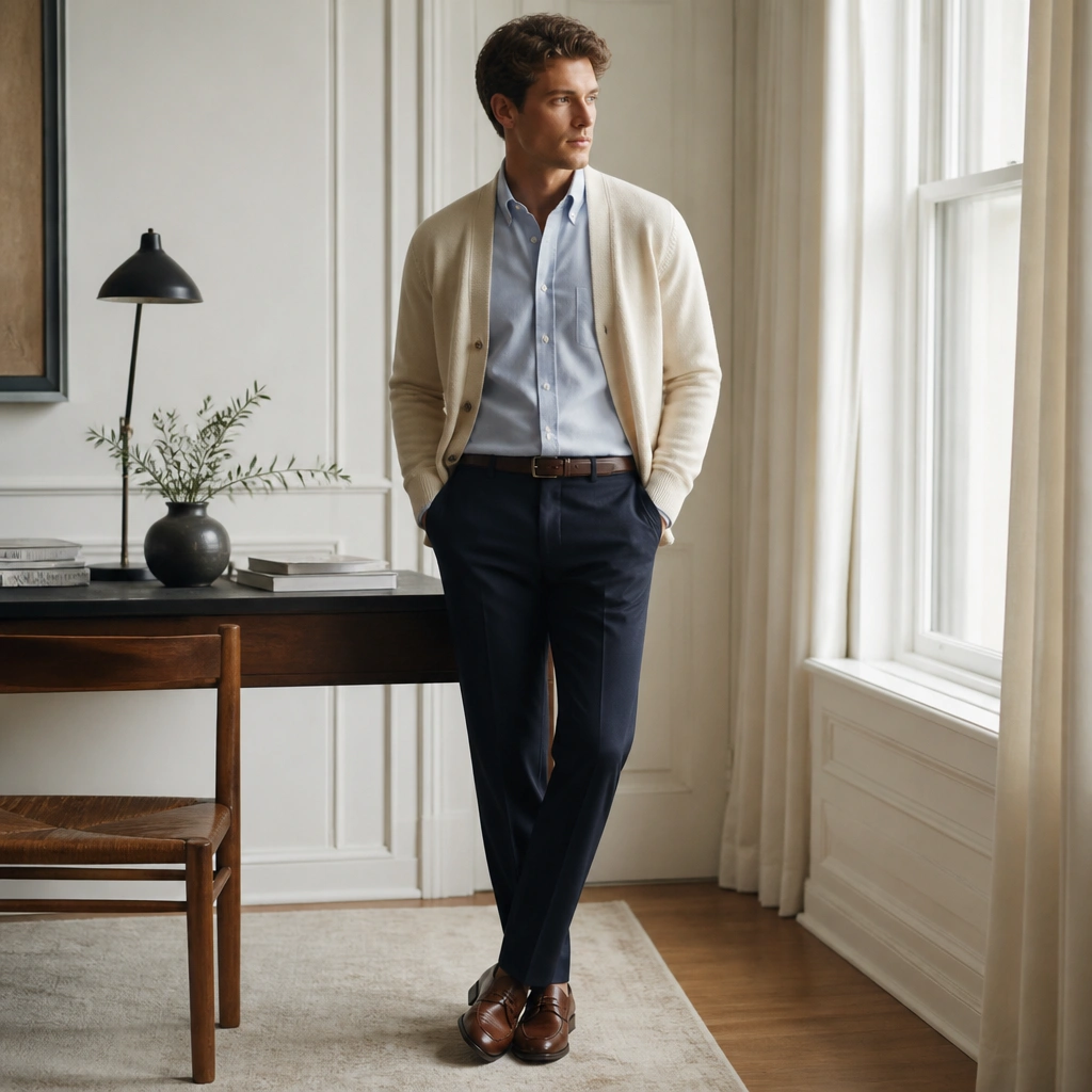 A cream cardigan over a light blue Oxford shirt, tucked into navy dress pants. Brown belt and leather shoes are visible; the cardigan buttons are left open.