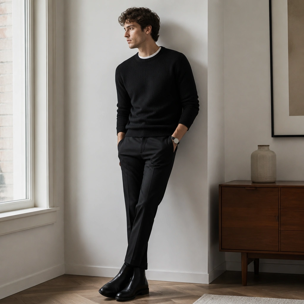 A black fine-gauge sweater worn over a white crew-neck T-shirt. Black tapered chinos and black Chelsea boots are shown with a minimal wristwatch.