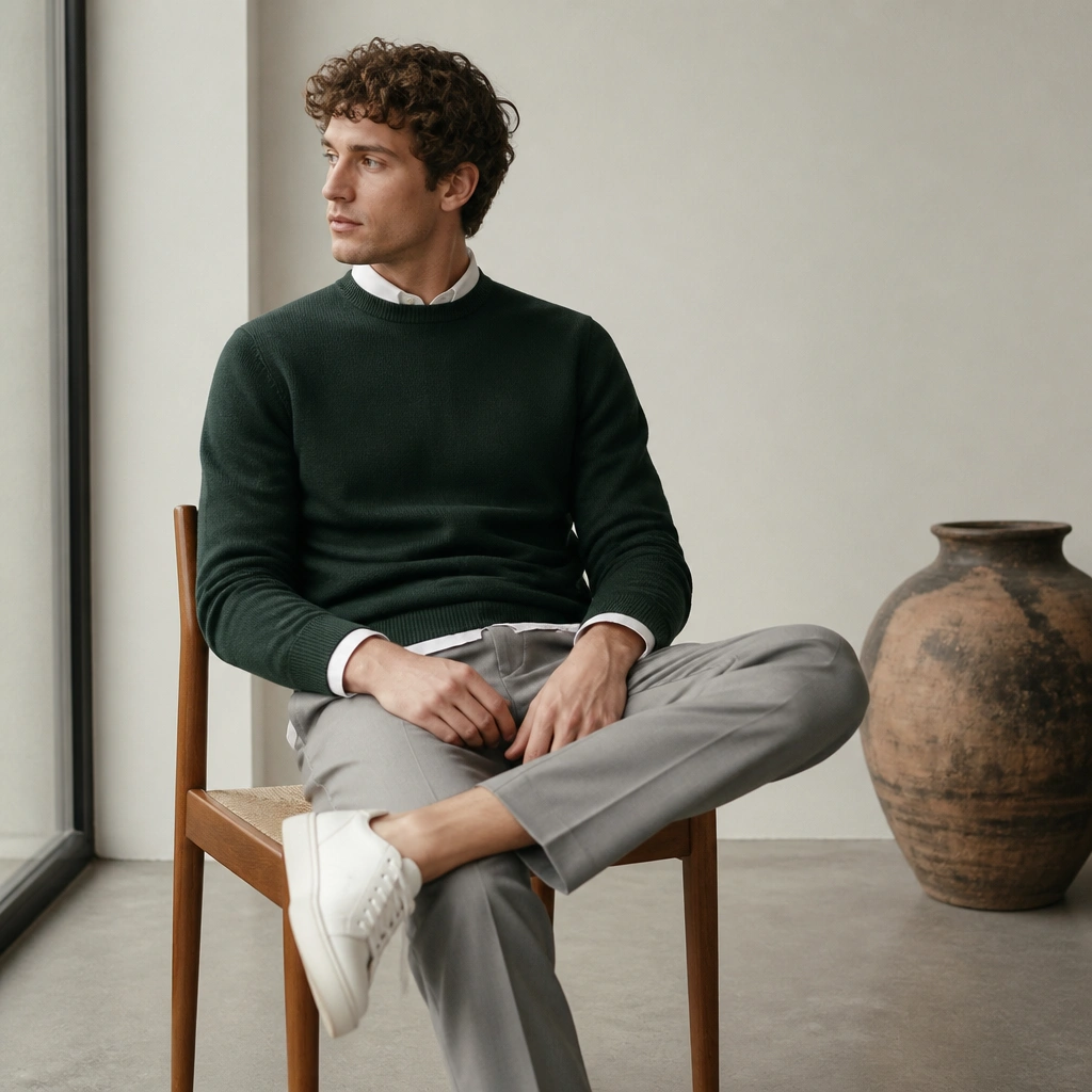 Forest green crewneck sweater layered over a white linen shirt. Light gray trousers and white sneakers are visible; the sweater cuff shows the shirt underneath.