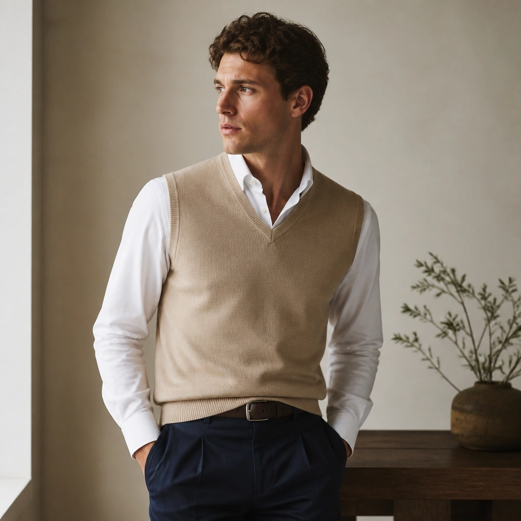 A sand beige sweater vest over a white poplin shirt. Navy trousers and a dark belt are visible, with the vest neatly fitted and the shirt collar open.