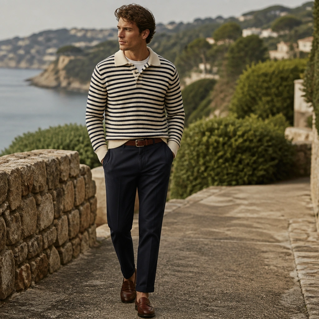 A striped knit polo sweater with a collar worn over a fitted base layer. Navy chinos, a brown leather belt, and brown loafers are shown in an outdoor setting.