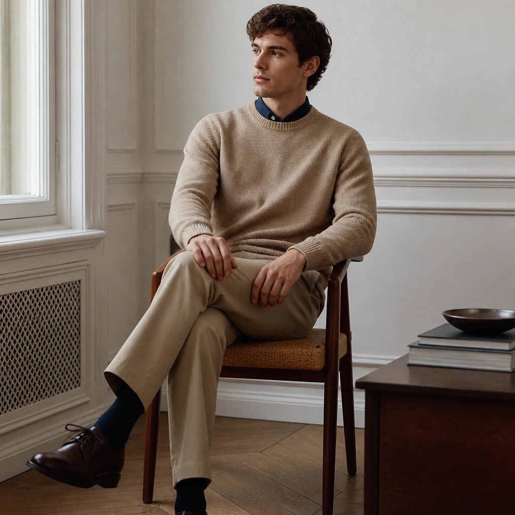 A light tan crewneck sweater worn over a navy Oxford button-down. Khaki trousers and dark leather shoes are visible; the shirt collar sits neatly under the sweater neckline.
