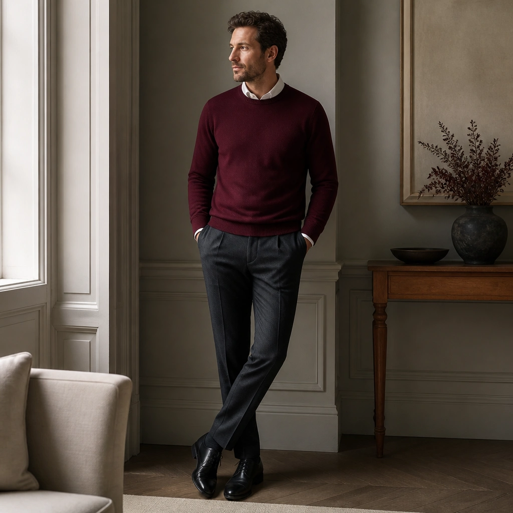 A burgundy fine knit sweater layered over a white button-down. Charcoal tapered pants and black dress shoes are shown, with the sweater sleeves ending cleanly at the wrists.