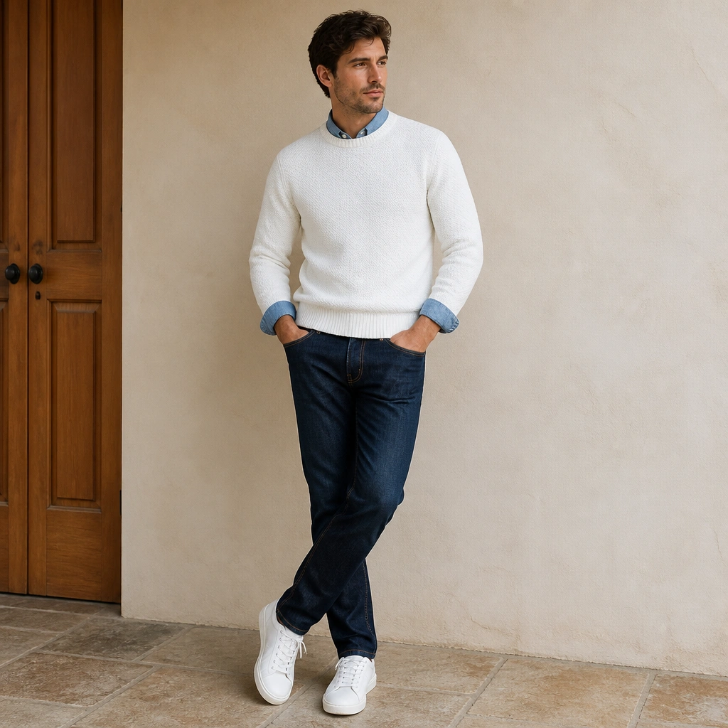 A white cotton sweater over a blue chambray shirt with sleeves slightly visible. Dark denim jeans and clean white sneakers are shown, with a casual but neat stance.