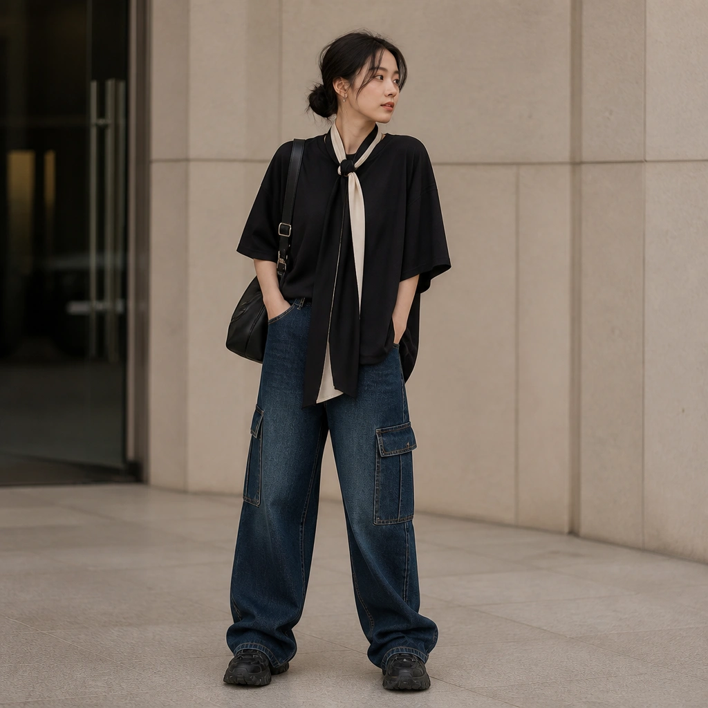 Outfit photo: dark blue cargo jeans with a relaxed black oversized tee; a thin black-and-cream scarf is draped with one end tucked through a front slit; chunky black sneakers; a crossbody bag.