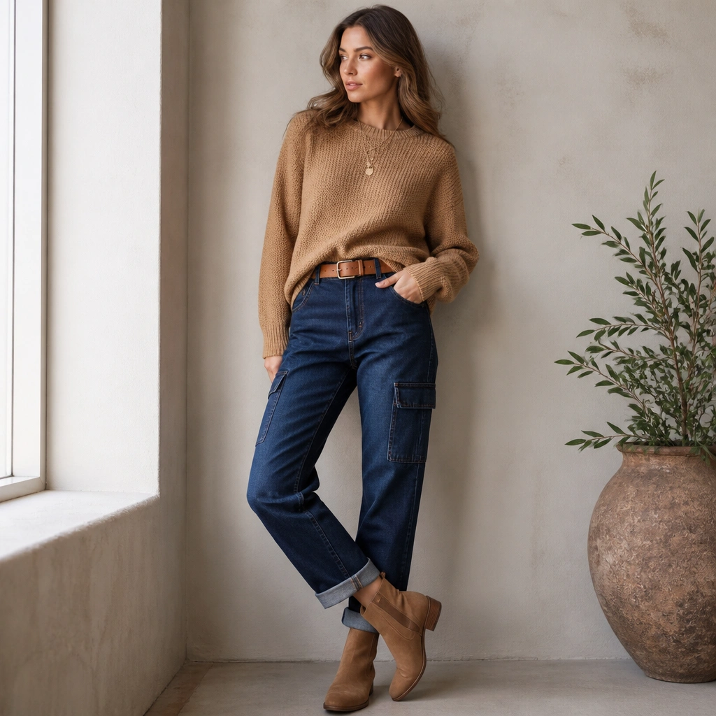 Woman in dark blue cargo jeans with a rolled hem/cuff at the ankle; camel knit sweater tucked in at the front; brown leather belt; tan ankle boots; minimal layered necklace.