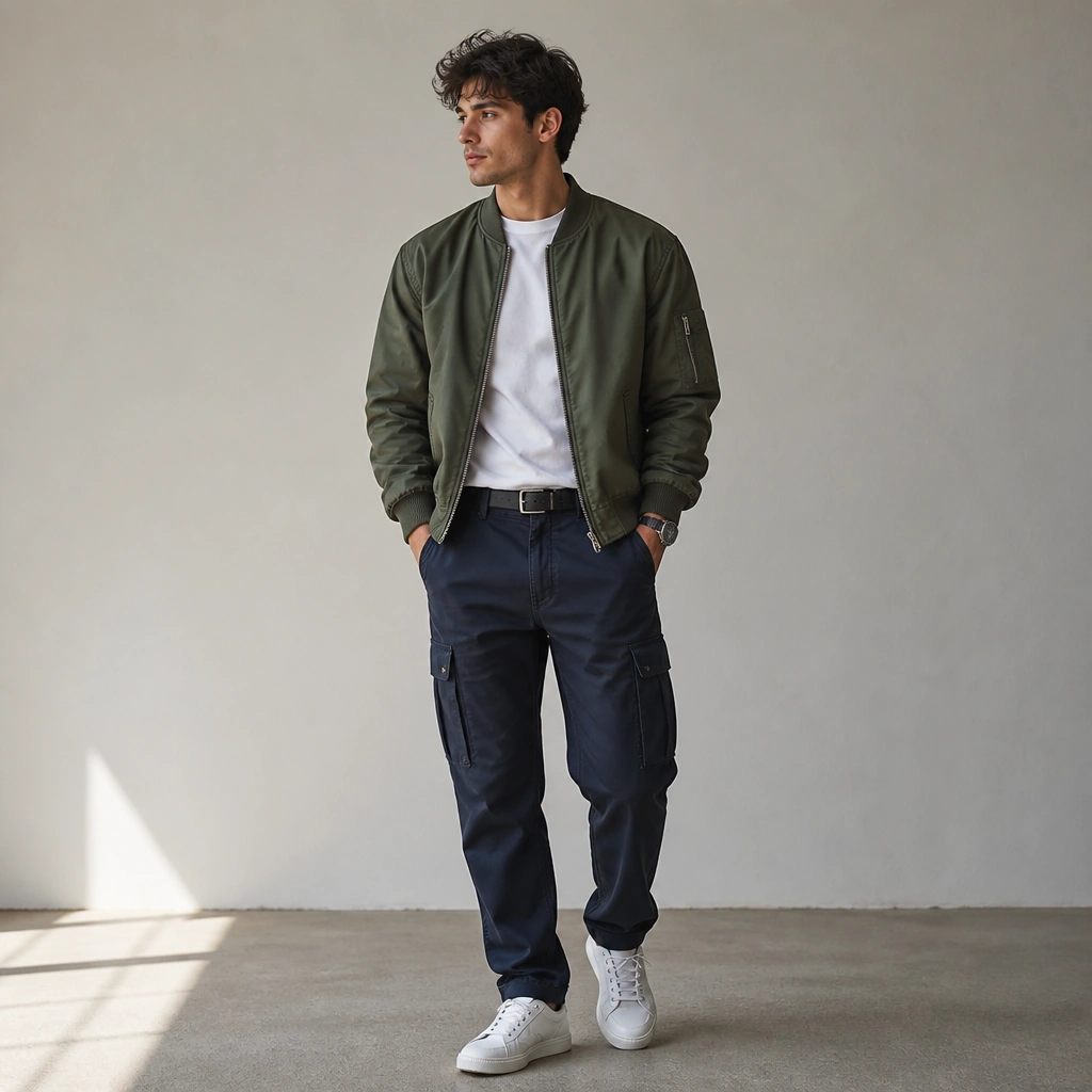 Dark blue cargo jeans styled with a white crewneck tee; an olive green bomber jacket zipped halfway; black belt; white sneakers; casual watch; slightly tousled hair.
