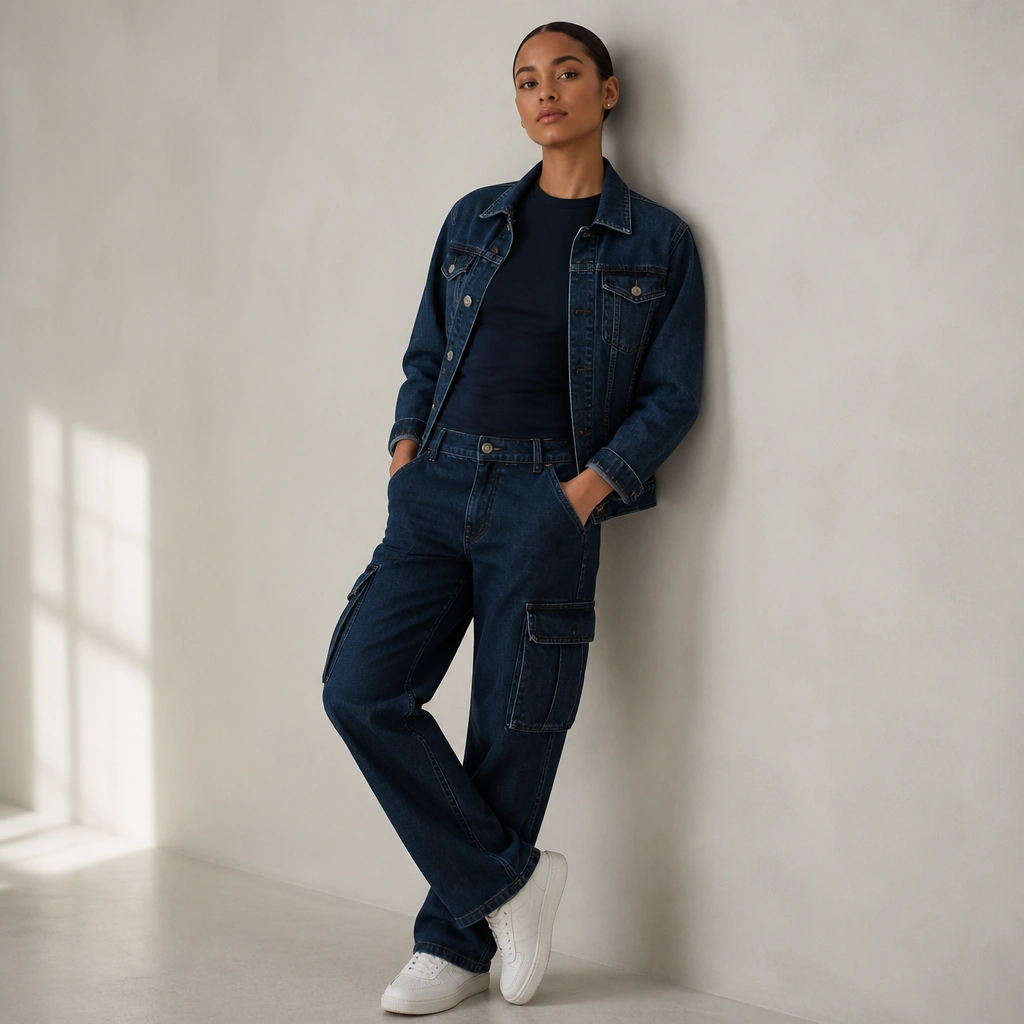 Outfit shows dark blue cargo jeans with a slightly lighter navy denim jacket; a navy fitted tee underneath; white sneakers; subtle silver studs on ears; sleek hairstyle.
