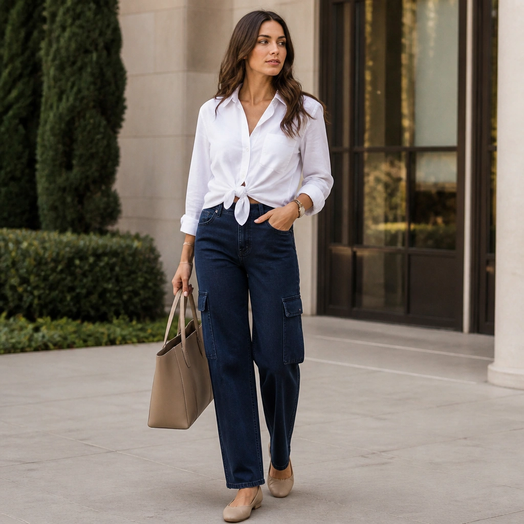 Woman wears dark blue cargo jeans with a crisp white button-down; the shirt is knotted at the waist with the front tucked into a small knot; nude flats; structured tote bag.