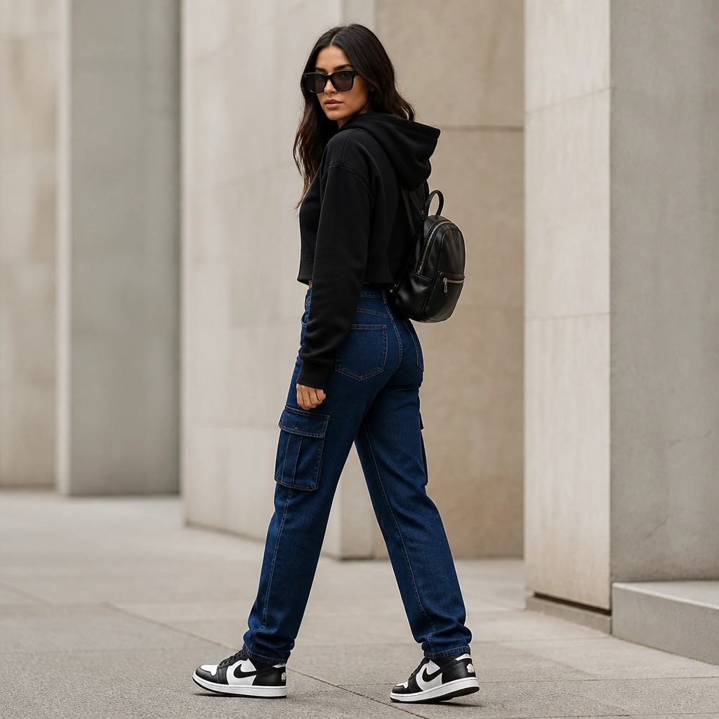 Dark blue high-waist cargo jeans paired with a black cropped hoodie; hoodie hem hits at the high-waist line; black-and-white sneakers; sunglasses; small black backpack.