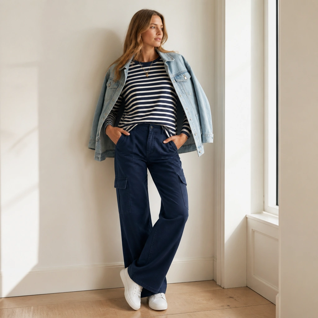 Woman in dark blue cargo jeans with a navy-and-white striped Breton top; the hem is tucked at the front; white sneakers; small gold necklace; light denim jacket draped over shoulders.