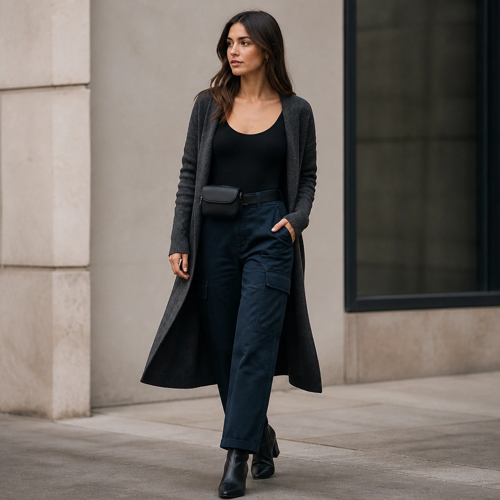 Dark blue cargo jeans styled with a fitted black bodysuit tucked-in; longline cardigan in charcoal; belt bag at the waist; ankle boots; subtle makeup and neat hair.