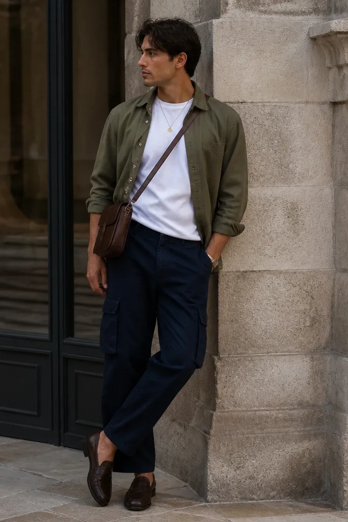 Outfit: dark blue cargo jeans with a plain white tee; olive overshirt worn open; brown loafers; brown crossbody bag; simple gold pendant necklace.