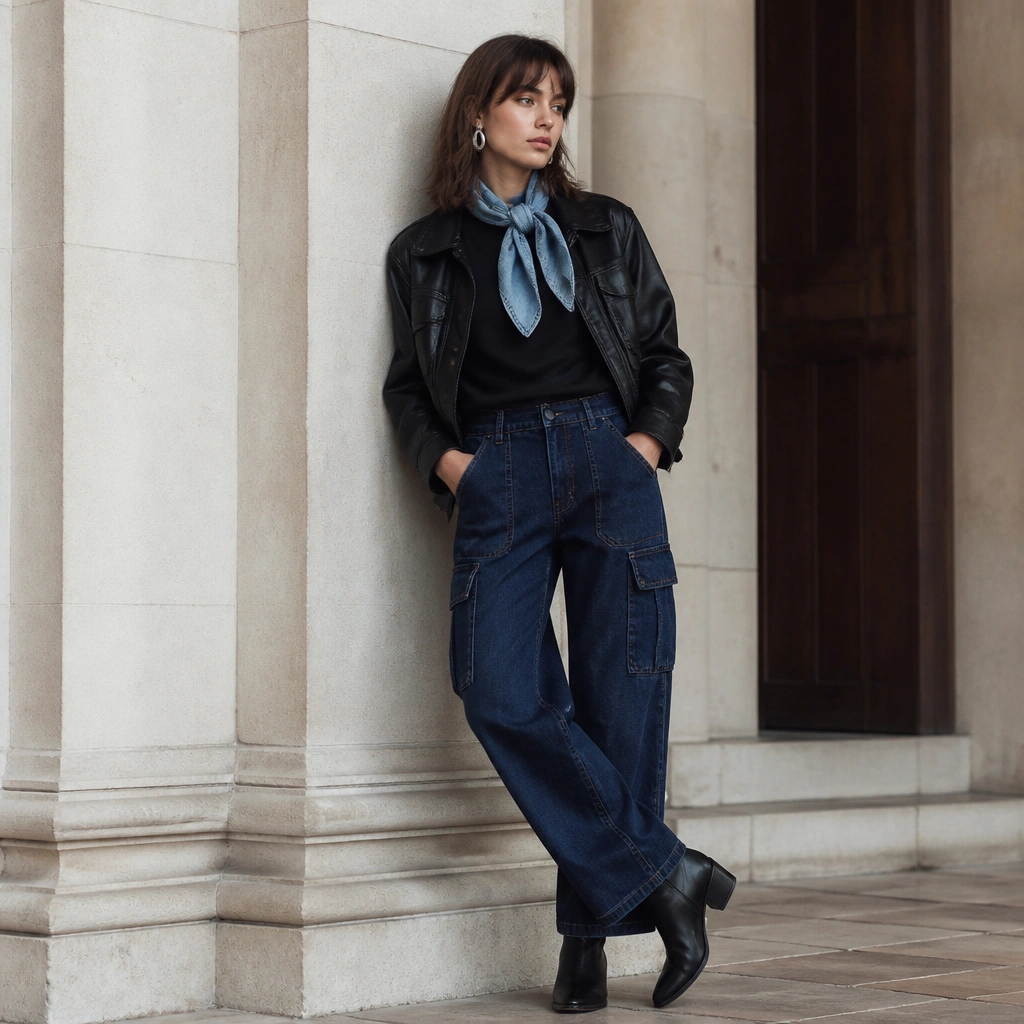 Woman wearing dark blue cargo jeans with a black leather jacket; a dark top underneath; a light-wash denim-look scarf tied at the neck; black ankle boots; silver earrings.