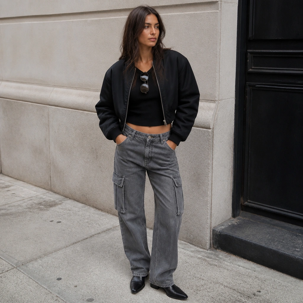 Grey cargo jeans styled with a cropped black bomber jacket, black ribbed tank underneath, and black leather ankle boots; minimal sunglasses sit on the collar.