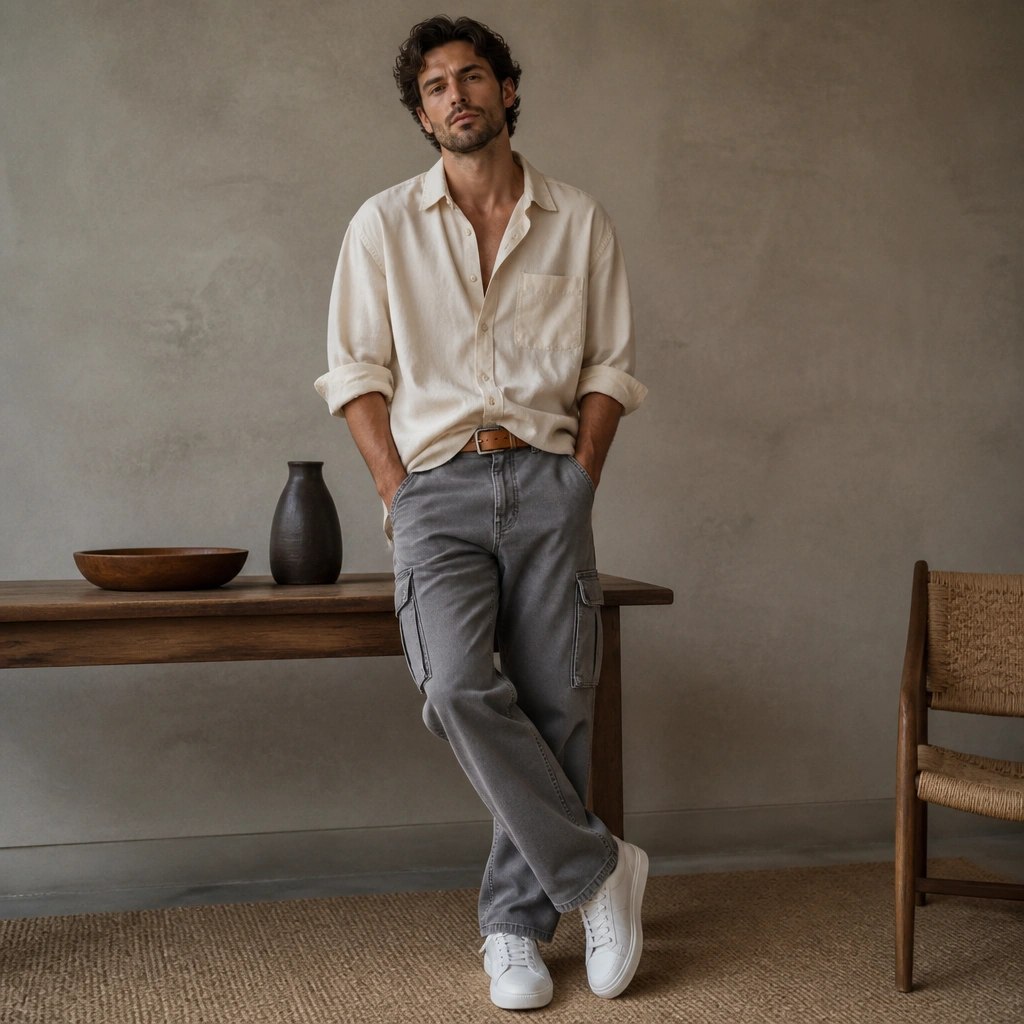 Grey cargo jeans with a stone-colored oversized button-down shirt worn half-tucked; sleeves are rolled to show forearms; white sneakers and a tan belt are visible.