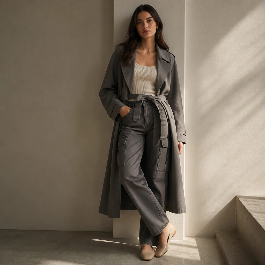 Grey cargo jeans paired with a cream ribbed tank and a longline grey trench coat; the coat is belted at the waist; nude flats complete the silhouette.