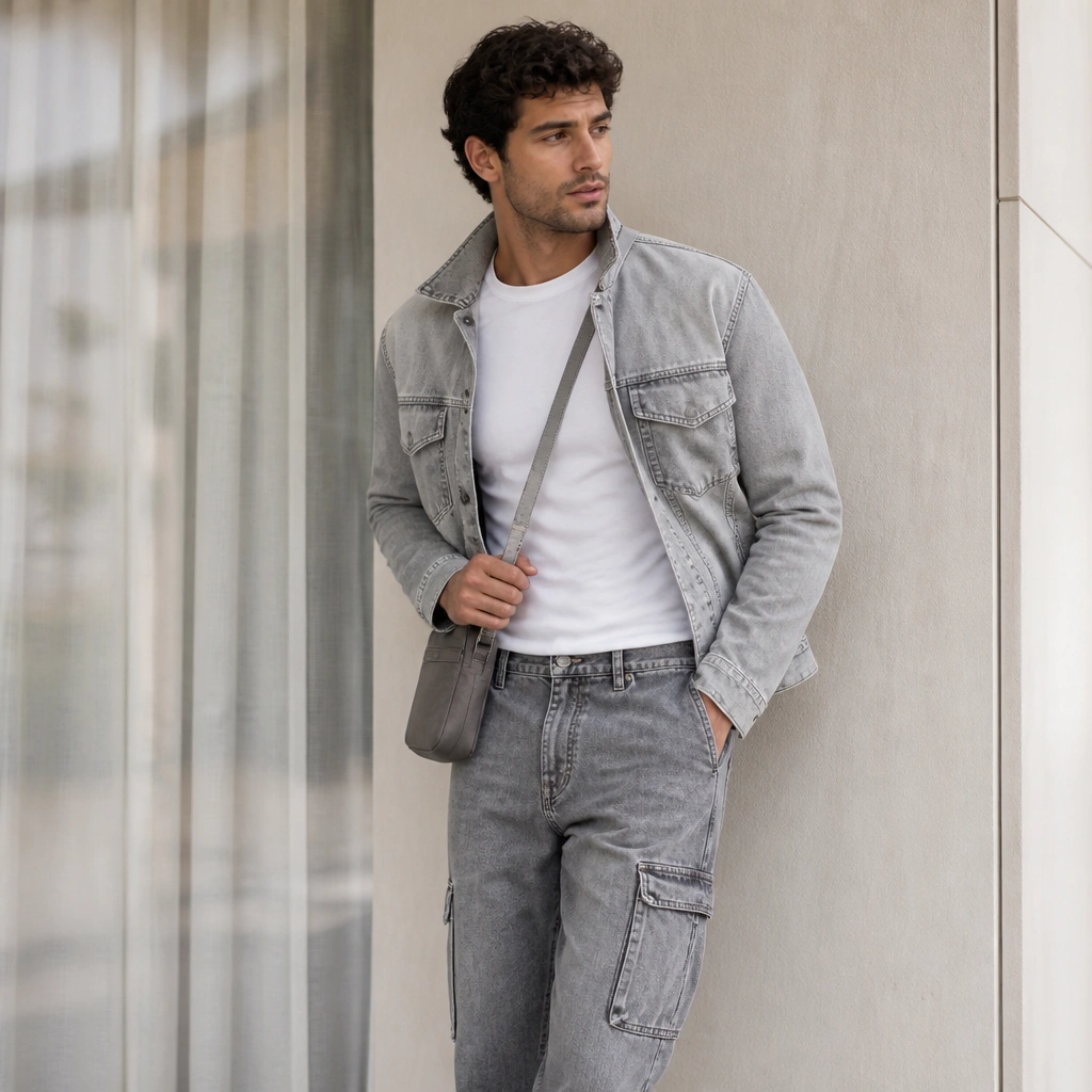 Grey cargo jeans with a crisp white fitted tee and a light-wash grey denim jacket; the jacket is worn open; the model holds a small crossbody bag.