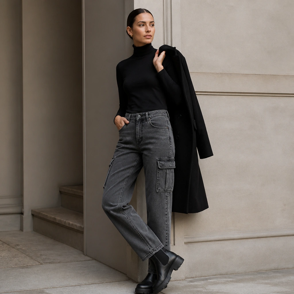 Grey cargo jeans with a fitted black turtleneck and chunky black Chelsea boots; a long black coat is draped over one shoulder; hair is sleek and pulled back.