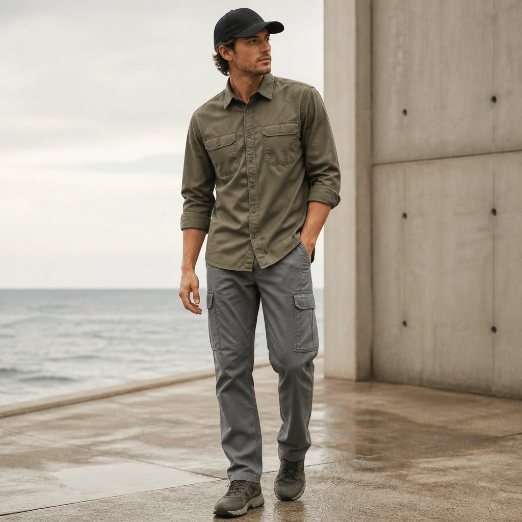 Grey cargo jeans with an olive utility shirt worn buttoned; sleeves are rolled; dark grey sneakers and a black baseball cap are shown.