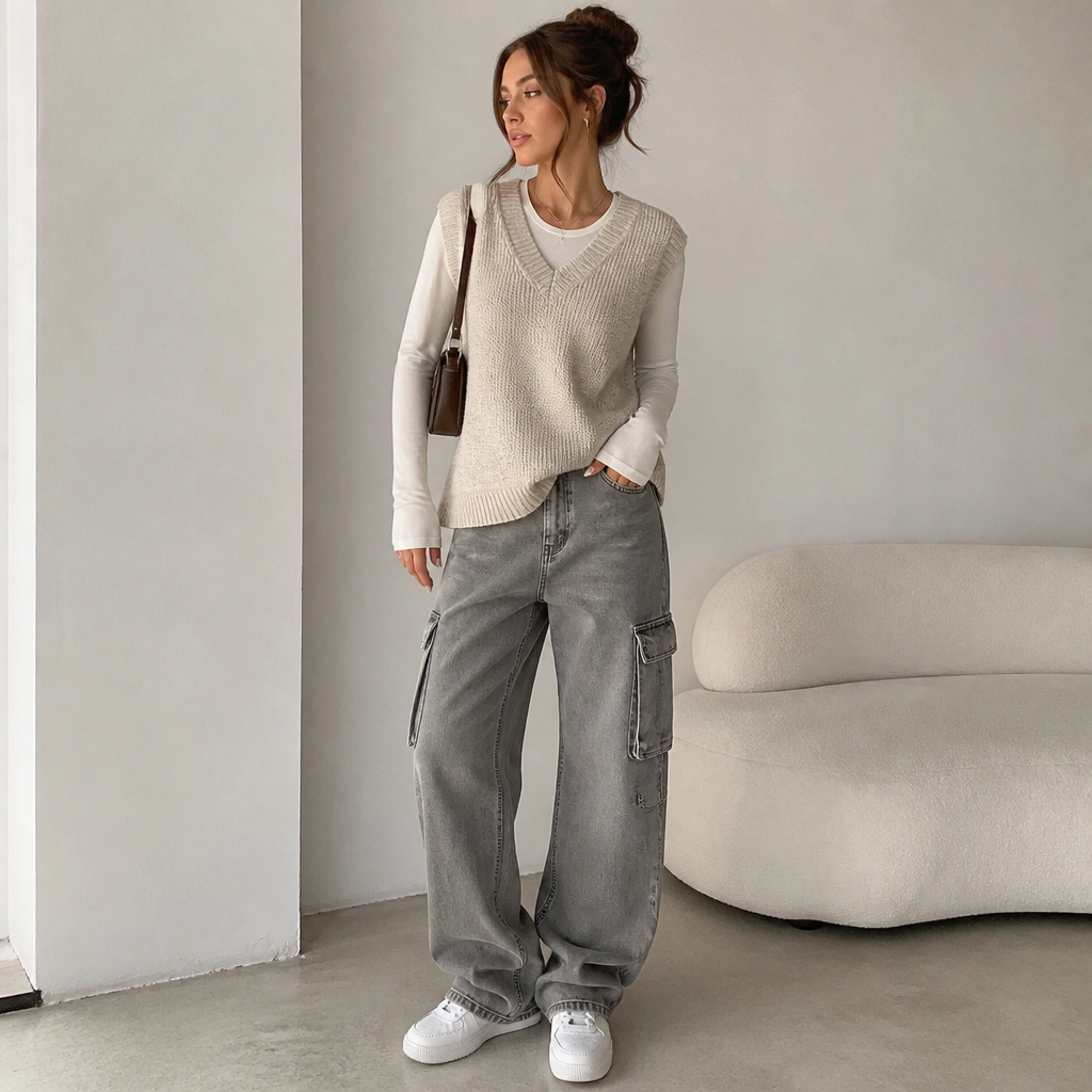Grey cargo jeans with a beige sweater vest over a fitted long-sleeve top; the vest is V-neck; the model wears white sneakers and a small shoulder bag.