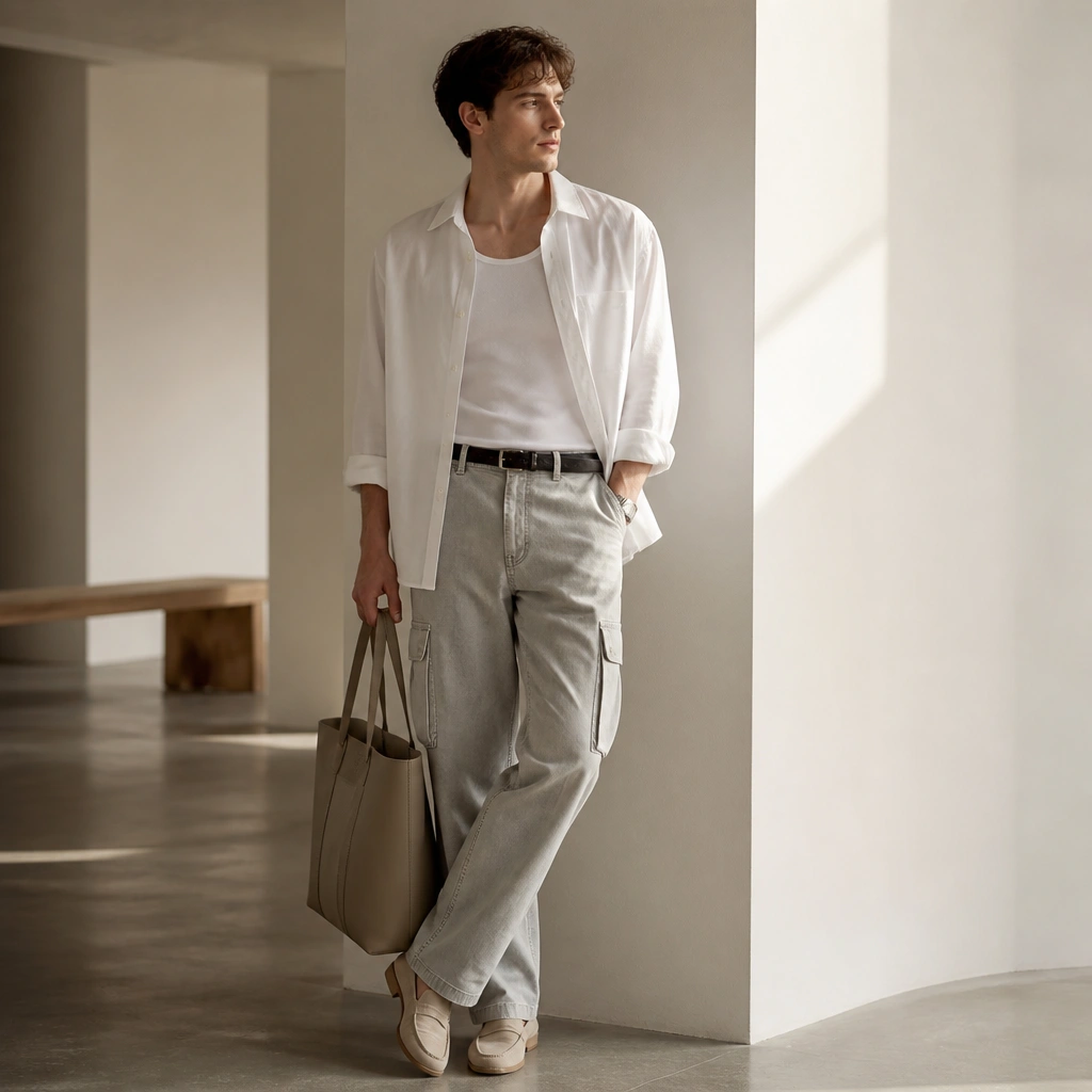 Light grey cargo jeans styled with a white overshirt worn unbuttoned; a thin black belt is visible; the model wears beige loafers and holds a structured tote.