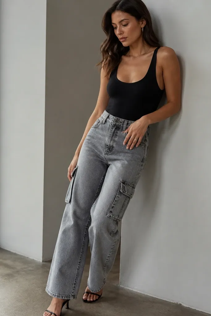 Grey cargo jeans paired with a sleek black bodysuit tucked in; small silver hoops and a delicate chain necklace; black strappy sandals visible.