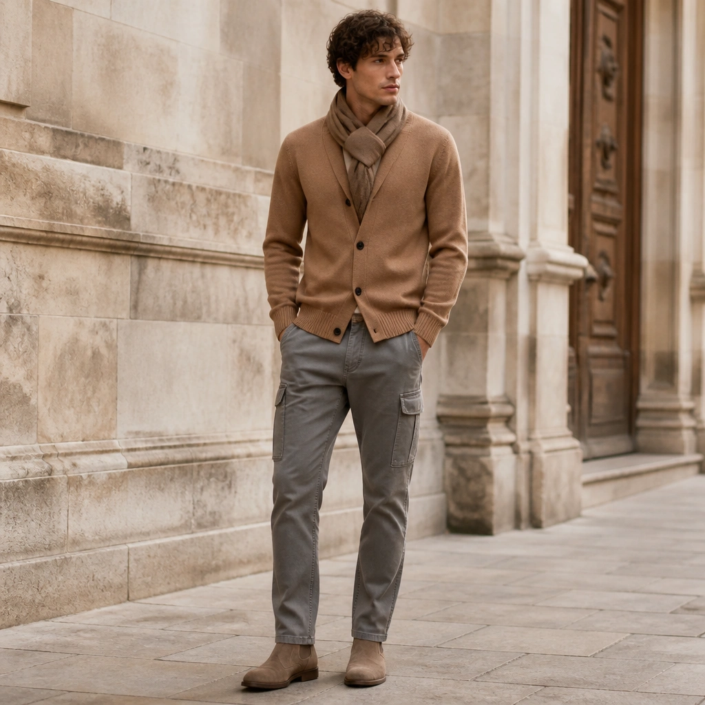 Grey cargo jeans with a camel cardigan buttoned up; the sleeves are neatly down; the model wears tan ankle boots and a neutral scarf.