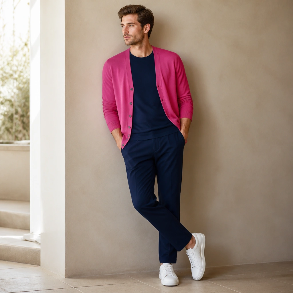 A hot pink cardigan worn open over a navy crew-neck shirt, with tailored navy chinos and white sneakers. The cardigan looks smooth and slightly structured, with buttons visible and sleeves neatly cuffed.