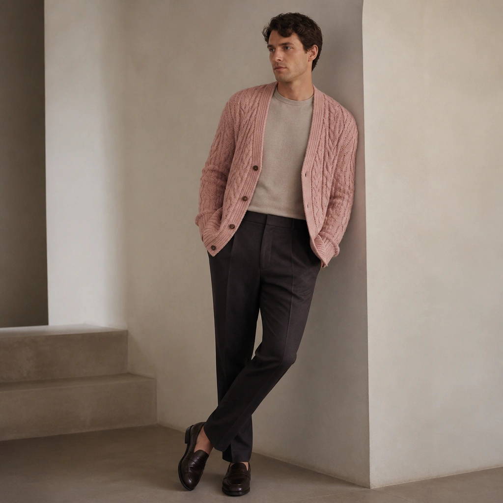 A blush pink cable-knit cardigan with visible chunky cables over a stone-colored crew tee, paired with charcoal tailored trousers. The shoes are dark loafers, and the cardigan sleeves show a thick cuff texture.