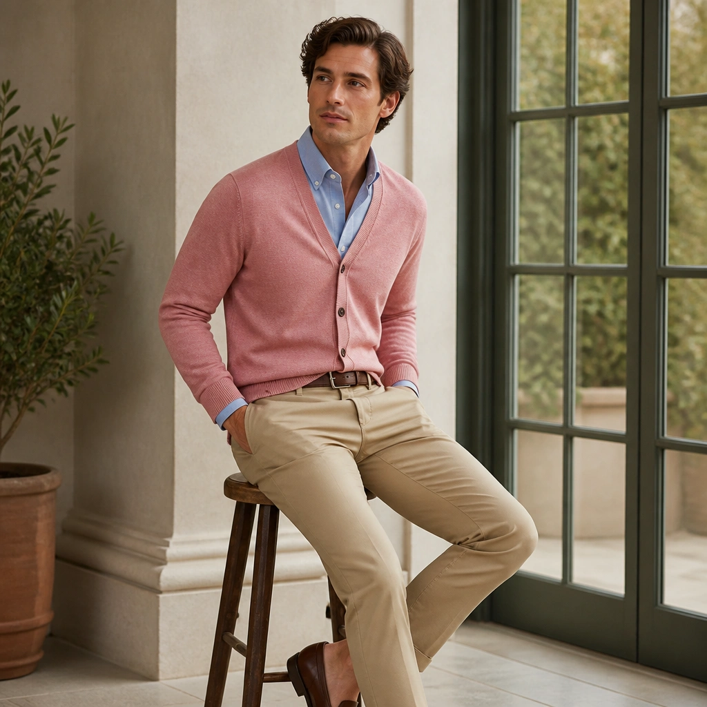 A men’s rose pink V-neck cardigan worn over a light blue Oxford button-down, paired with khaki chinos. The V-neck opening reveals the collar and top buttons, and the outfit is styled with brown belt and loafers.