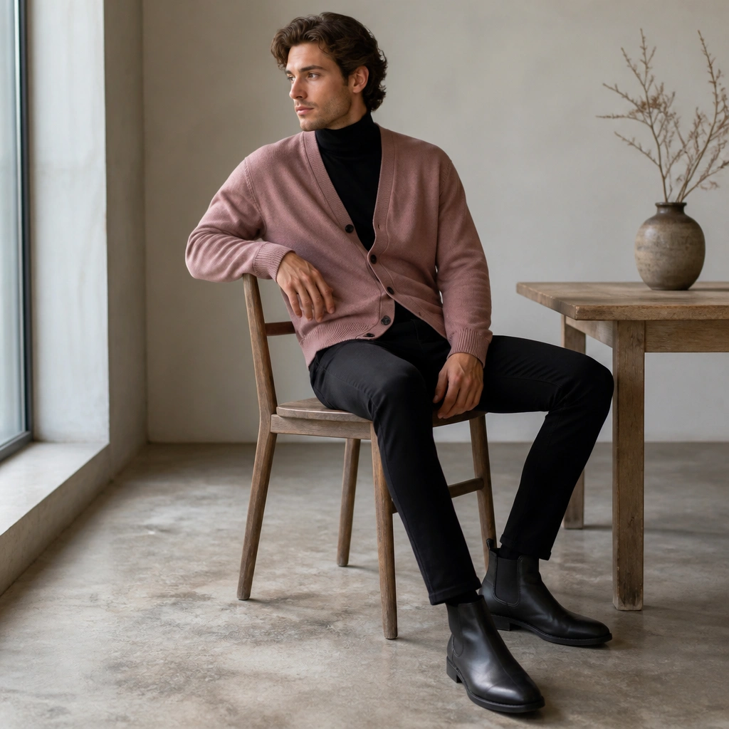 A dusty rose cardigan layered over a black turtleneck, paired with slim black jeans and black Chelsea boots. The cardigan appears ribbed at the cuffs and hem, with a neat button line.