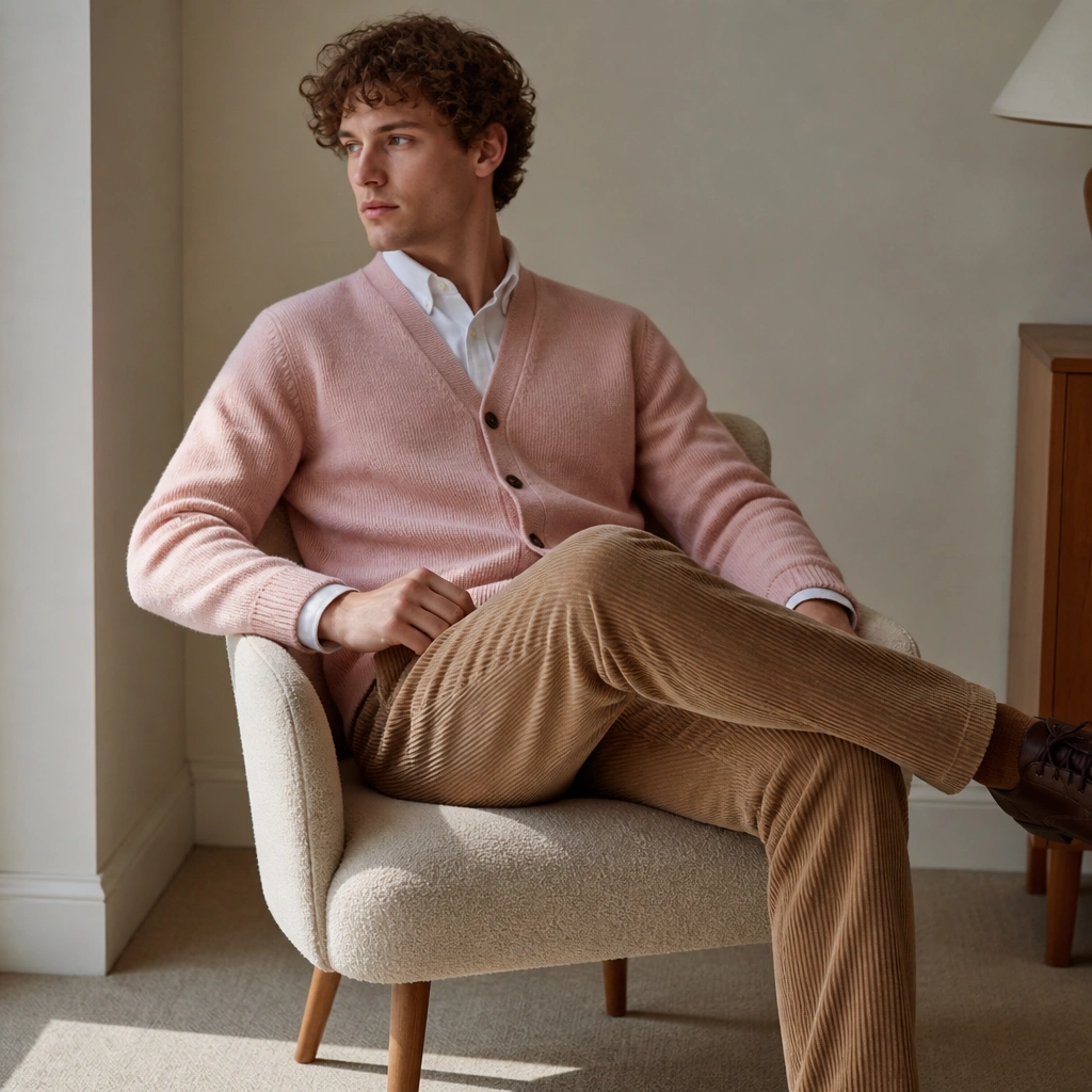 A pale pink cardigan worn over a white button-down shirt, with tan corduroy pants and dark brown leather shoes. The cardigan buttons are closed, and the photo highlights the corduroy texture next to the knit.