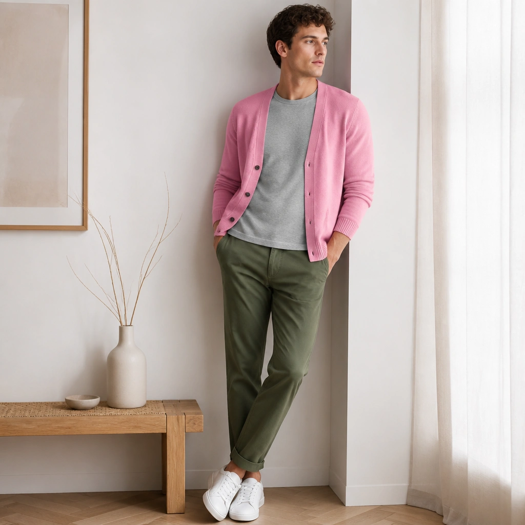A bubblegum pink cardigan worn open over a heather gray crew tee, paired with olive green chinos and white sneakers. The cardigan has a soft, lightweight drape and the collar sits cleanly.