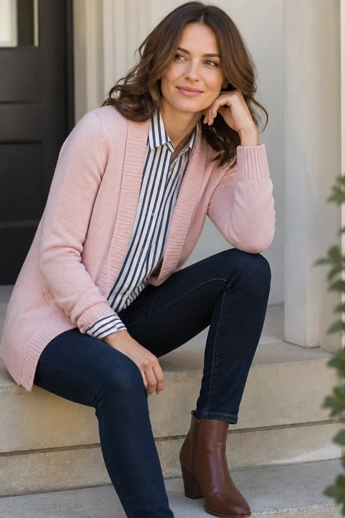 A light pink cardigan worn over a navy-and-white striped button-down, paired with dark indigo jeans. The outfit is styled with brown boots, and the cardigan’s ribbed edges frame the stripes.