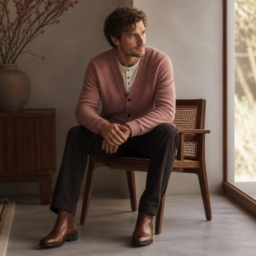 A rose pink cardigan worn over a cream henley shirt with visible buttons, paired with dark trousers and cognac leather boots. The cardigan is buttoned, and the henley texture adds casual detail.