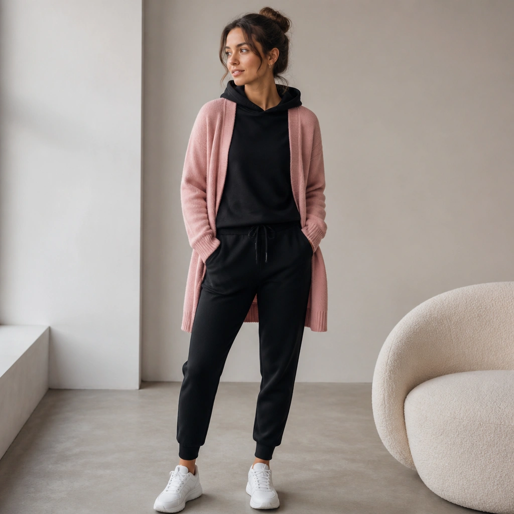 A soft pink cardigan layered over a black hoodie, with black jogger pants and white trainers. The cardigan hangs open, and the hoodie hood is visible at the back of the neckline.